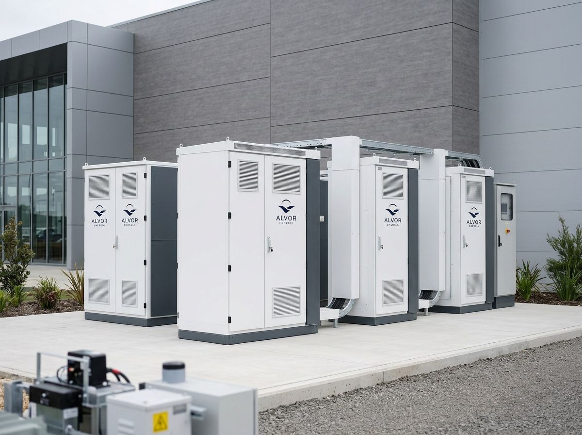 Gabinetes modulares Alvor BESS instalados junto a edificação industrial